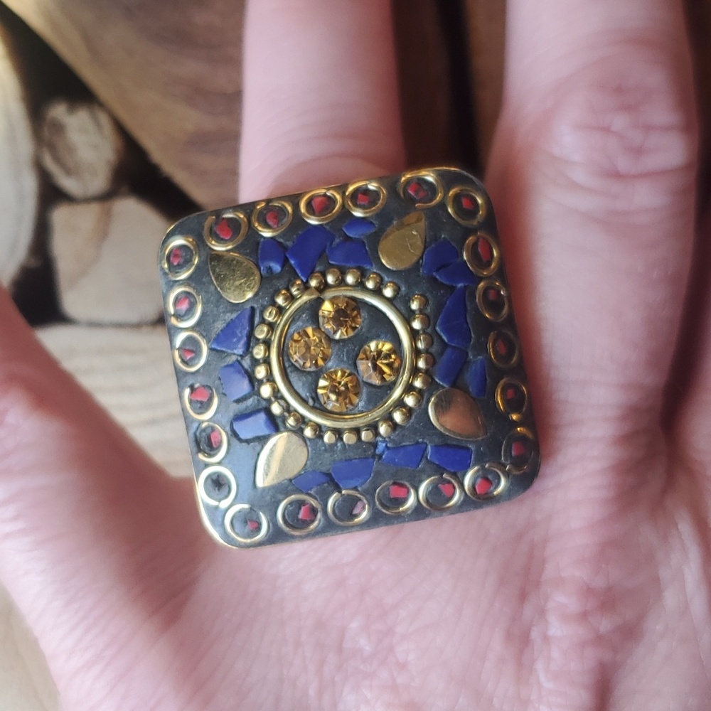 New Lapis Lazuli, Coral Adjustable Brass Tone Ring.